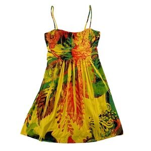 City Studio Yellow Floral Print Spaghetti Strap Ruched Empire Waist Dress Sz M